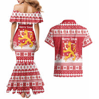 Finland Christmas Hannunvaakuna Couples Matching Mermaid Dress and Hawaiian Shirt Hyvaa Joulua Nordic Snow Lion Red Version - Wonder Print Shop