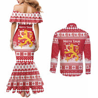 Finland Christmas Hannunvaakuna Couples Matching Mermaid Dress and Long Sleeve Button Shirt Hyvaa Joulua Nordic Snow Lion Red Version - Wonder Print Shop