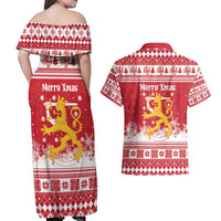 Finland Christmas Hannunvaakuna Couples Matching Off Shoulder Maxi Dress and Hawaiian Shirt Hyvaa Joulua Nordic Snow Lion Red Version - Wonder Print Shop