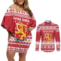 Finland Christmas Hannunvaakuna Couples Matching Off Shoulder Short Dress and Long Sleeve Button Shirt Hyvaa Joulua Nordic Snow Lion Red Version - Wonder Print Shop
