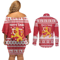 Finland Christmas Hannunvaakuna Couples Matching Off Shoulder Short Dress and Long Sleeve Button Shirt Hyvaa Joulua Nordic Snow Lion Red Version - Wonder Print Shop