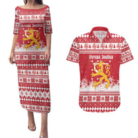 Finland Christmas Hannunvaakuna Couples Matching Puletasi and Hawaiian Shirt Hyvaa Joulua Nordic Snow Lion Red Version - Wonder Print Shop