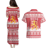 Finland Christmas Hannunvaakuna Couples Matching Puletasi and Hawaiian Shirt Hyvaa Joulua Nordic Snow Lion Red Version - Wonder Print Shop