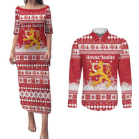 Finland Christmas Hannunvaakuna Couples Matching Puletasi and Long Sleeve Button Shirt Hyvaa Joulua Nordic Snow Lion Red Version - Wonder Print Shop
