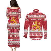 Finland Christmas Hannunvaakuna Couples Matching Puletasi and Long Sleeve Button Shirt Hyvaa Joulua Nordic Snow Lion Red Version - Wonder Print Shop