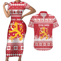 Finland Christmas Hannunvaakuna Couples Matching Short Sleeve Bodycon Dress and Hawaiian Shirt Hyvaa Joulua Nordic Snow Lion Red Version - Wonder Print Shop