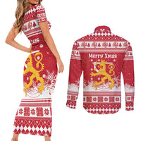 Finland Christmas Hannunvaakuna Couples Matching Short Sleeve Bodycon Dress and Long Sleeve Button Shirt Hyvaa Joulua Nordic Snow Lion Red Version - Wonder Print Shop
