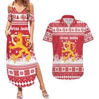 Finland Christmas Hannunvaakuna Couples Matching Summer Maxi Dress and Hawaiian Shirt Hyvaa Joulua Nordic Snow Lion Red Version - Wonder Print Shop