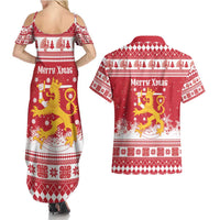 Finland Christmas Hannunvaakuna Couples Matching Summer Maxi Dress and Hawaiian Shirt Hyvaa Joulua Nordic Snow Lion Red Version - Wonder Print Shop