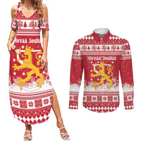 Finland Christmas Hannunvaakuna Couples Matching Summer Maxi Dress and Long Sleeve Button Shirt Hyvaa Joulua Nordic Snow Lion Red Version - Wonder Print Shop
