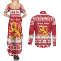 Finland Christmas Hannunvaakuna Couples Matching Summer Maxi Dress and Long Sleeve Button Shirt Hyvaa Joulua Nordic Snow Lion Red Version - Wonder Print Shop