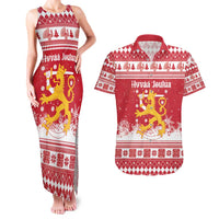 Finland Christmas Hannunvaakuna Couples Matching Tank Maxi Dress and Hawaiian Shirt Hyvaa Joulua Nordic Snow Lion Red Version - Wonder Print Shop