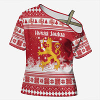 Finland Christmas Hannunvaakuna Cross Shoulder Shirt Hyvaa Joulua Nordic Snow Lion Red Version - Wonder Print Shop
