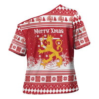 Finland Christmas Hannunvaakuna Cross Shoulder Shirt Hyvaa Joulua Nordic Snow Lion Red Version - Wonder Print Shop