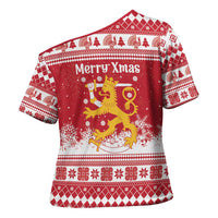 Finland Christmas Hannunvaakuna Cross Shoulder Shirt Hyvaa Joulua Nordic Snow Lion Red Version - Wonder Print Shop