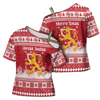 Finland Christmas Hannunvaakuna Cross Shoulder Shirt Hyvaa Joulua Nordic Snow Lion Red Version - Wonder Print Shop