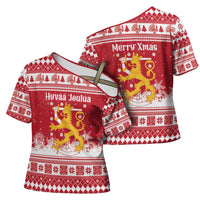 Finland Christmas Hannunvaakuna Cross Shoulder Shirt Hyvaa Joulua Nordic Snow Lion Red Version - Wonder Print Shop