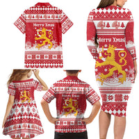 Finland Christmas Hannunvaakuna Family Matching Long Sleeve Bodycon Dress and Hawaiian Shirt Hyvaa Joulua Nordic Snow Lion Red Version - Wonder Print Shop