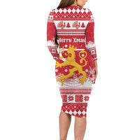 Finland Christmas Hannunvaakuna Family Matching Long Sleeve Bodycon Dress and Hawaiian Shirt Hyvaa Joulua Nordic Snow Lion Red Version - Wonder Print Shop