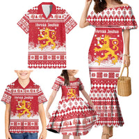 Finland Christmas Hannunvaakuna Family Matching Mermaid Dress and Hawaiian Shirt Hyvaa Joulua Nordic Snow Lion Red Version - Wonder Print Shop