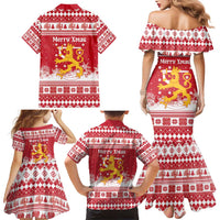 Finland Christmas Hannunvaakuna Family Matching Mermaid Dress and Hawaiian Shirt Hyvaa Joulua Nordic Snow Lion Red Version - Wonder Print Shop