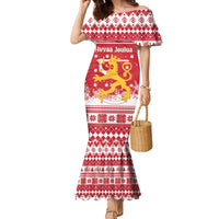 Finland Christmas Hannunvaakuna Family Matching Mermaid Dress and Hawaiian Shirt Hyvaa Joulua Nordic Snow Lion Red Version - Wonder Print Shop