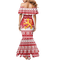 Finland Christmas Hannunvaakuna Family Matching Mermaid Dress and Hawaiian Shirt Hyvaa Joulua Nordic Snow Lion Red Version - Wonder Print Shop