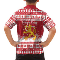 Finland Christmas Hannunvaakuna Family Matching Off The Shoulder Long Sleeve Dress and Hawaiian Shirt Hyvaa Joulua Nordic Snow Lion Red Version - Wonder Print Shop
