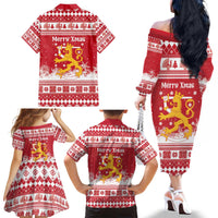 Finland Christmas Hannunvaakuna Family Matching Off The Shoulder Long Sleeve Dress and Hawaiian Shirt Hyvaa Joulua Nordic Snow Lion Red Version - Wonder Print Shop