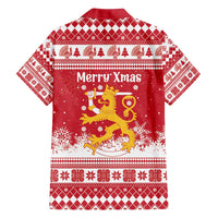 Finland Christmas Hannunvaakuna Family Matching Off The Shoulder Long Sleeve Dress and Hawaiian Shirt Hyvaa Joulua Nordic Snow Lion Red Version - Wonder Print Shop