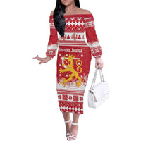 Finland Christmas Hannunvaakuna Family Matching Off The Shoulder Long Sleeve Dress and Hawaiian Shirt Hyvaa Joulua Nordic Snow Lion Red Version - Wonder Print Shop