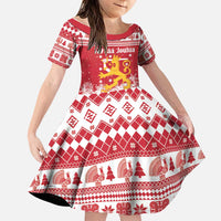 Finland Christmas Hannunvaakuna Family Matching Off Shoulder Short Dress and Hawaiian Shirt Hyvaa Joulua Nordic Snow Lion Red Version - Wonder Print Shop
