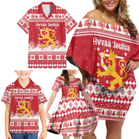 Finland Christmas Hannunvaakuna Family Matching Off Shoulder Short Dress and Hawaiian Shirt Hyvaa Joulua Nordic Snow Lion Red Version - Wonder Print Shop