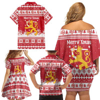 Finland Christmas Hannunvaakuna Family Matching Off Shoulder Short Dress and Hawaiian Shirt Hyvaa Joulua Nordic Snow Lion Red Version - Wonder Print Shop