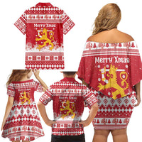 Finland Christmas Hannunvaakuna Family Matching Off Shoulder Short Dress and Hawaiian Shirt Hyvaa Joulua Nordic Snow Lion Red Version - Wonder Print Shop