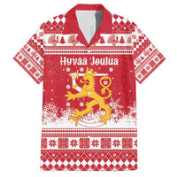 Finland Christmas Hannunvaakuna Family Matching Off Shoulder Short Dress and Hawaiian Shirt Hyvaa Joulua Nordic Snow Lion Red Version - Wonder Print Shop