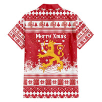 Finland Christmas Hannunvaakuna Family Matching Off Shoulder Short Dress and Hawaiian Shirt Hyvaa Joulua Nordic Snow Lion Red Version - Wonder Print Shop