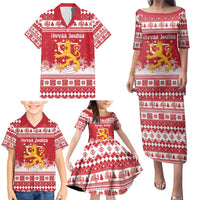 Finland Christmas Hannunvaakuna Family Matching Puletasi and Hawaiian Shirt Hyvaa Joulua Nordic Snow Lion Red Version - Wonder Print Shop