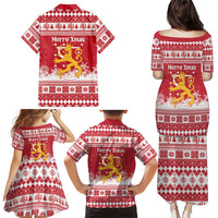 Finland Christmas Hannunvaakuna Family Matching Puletasi and Hawaiian Shirt Hyvaa Joulua Nordic Snow Lion Red Version - Wonder Print Shop