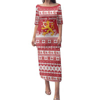 Finland Christmas Hannunvaakuna Family Matching Puletasi and Hawaiian Shirt Hyvaa Joulua Nordic Snow Lion Red Version - Wonder Print Shop