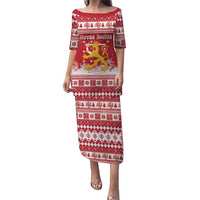 Finland Christmas Hannunvaakuna Family Matching Puletasi and Hawaiian Shirt Hyvaa Joulua Nordic Snow Lion Red Version - Wonder Print Shop