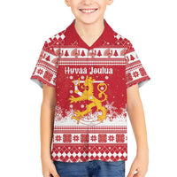 Finland Christmas Hannunvaakuna Family Matching Puletasi and Hawaiian Shirt Hyvaa Joulua Nordic Snow Lion Red Version - Wonder Print Shop
