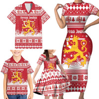Finland Christmas Hannunvaakuna Family Matching Short Sleeve Bodycon Dress and Hawaiian Shirt Hyvaa Joulua Nordic Snow Lion Red Version - Wonder Print Shop