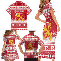 Finland Christmas Hannunvaakuna Family Matching Short Sleeve Bodycon Dress and Hawaiian Shirt Hyvaa Joulua Nordic Snow Lion Red Version - Wonder Print Shop