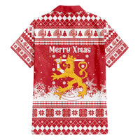 Finland Christmas Hannunvaakuna Family Matching Short Sleeve Bodycon Dress and Hawaiian Shirt Hyvaa Joulua Nordic Snow Lion Red Version - Wonder Print Shop