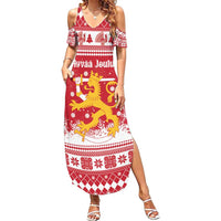 Finland Christmas Hannunvaakuna Family Matching Summer Maxi Dress and Hawaiian Shirt Hyvaa Joulua Nordic Snow Lion Red Version - Wonder Print Shop