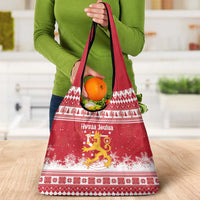 Finland Christmas Hannunvaakuna Grocery Bag Hyvaa Joulua Nordic Snow Lion Red Version - Wonder Print Shop