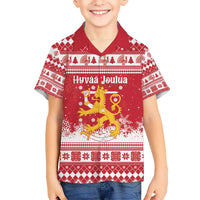 Finland Christmas Hannunvaakuna Kid Hawaiian Shirt Hyvaa Joulua Nordic Snow Lion Red Version - Wonder Print Shop