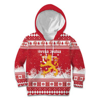 Finland Christmas Hannunvaakuna Kid Hoodie Hyvaa Joulua Nordic Snow Lion Red Version - Wonder Print Shop