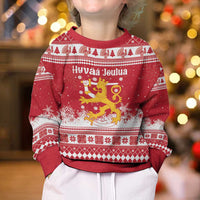 Finland Christmas Hannunvaakuna Kid Ugly Christmas Sweater Hyvaa Joulua Nordic Snow Lion Red Version - Wonder Print Shop